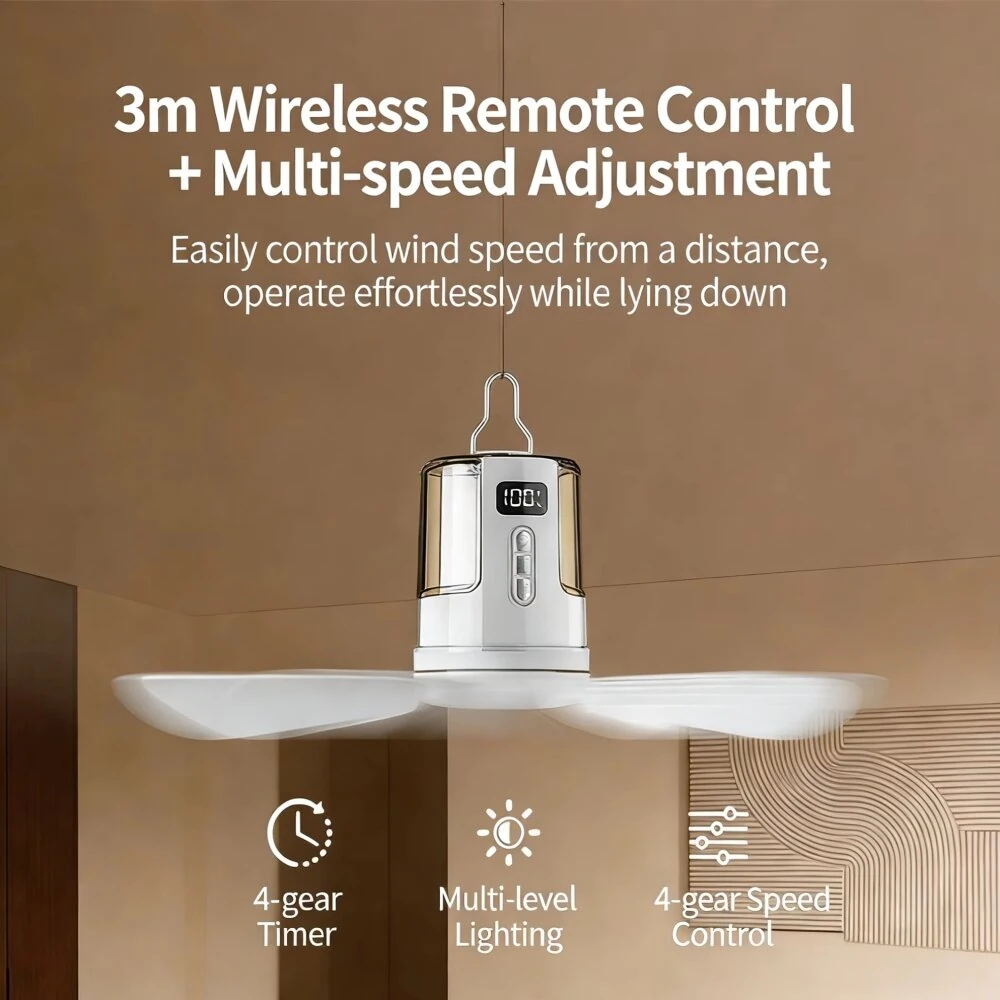 Tevorex 10800mAh Portable Ceiling Fan with Light, Rechargeable 3-in-1 LED Fan Lamp with RGB Lighting, 4 Speeds, Timer & Remote Control for Indoor & Camping — view 6