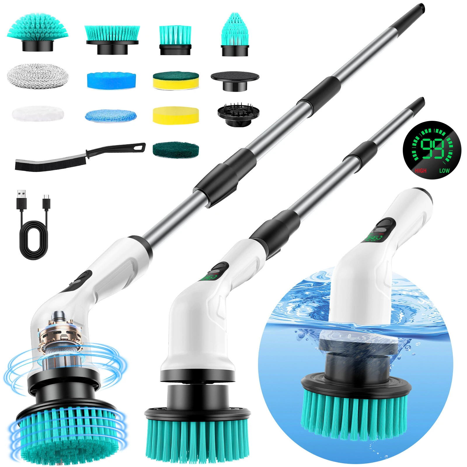 Tevorex 12-in-1 Cordless Electric Power Scrubber, Adjustable Telescopic Handle, 430RPM Motor, Type-C Charging, for Tile, Grout, Bathroom & Kitchen — Tevorex