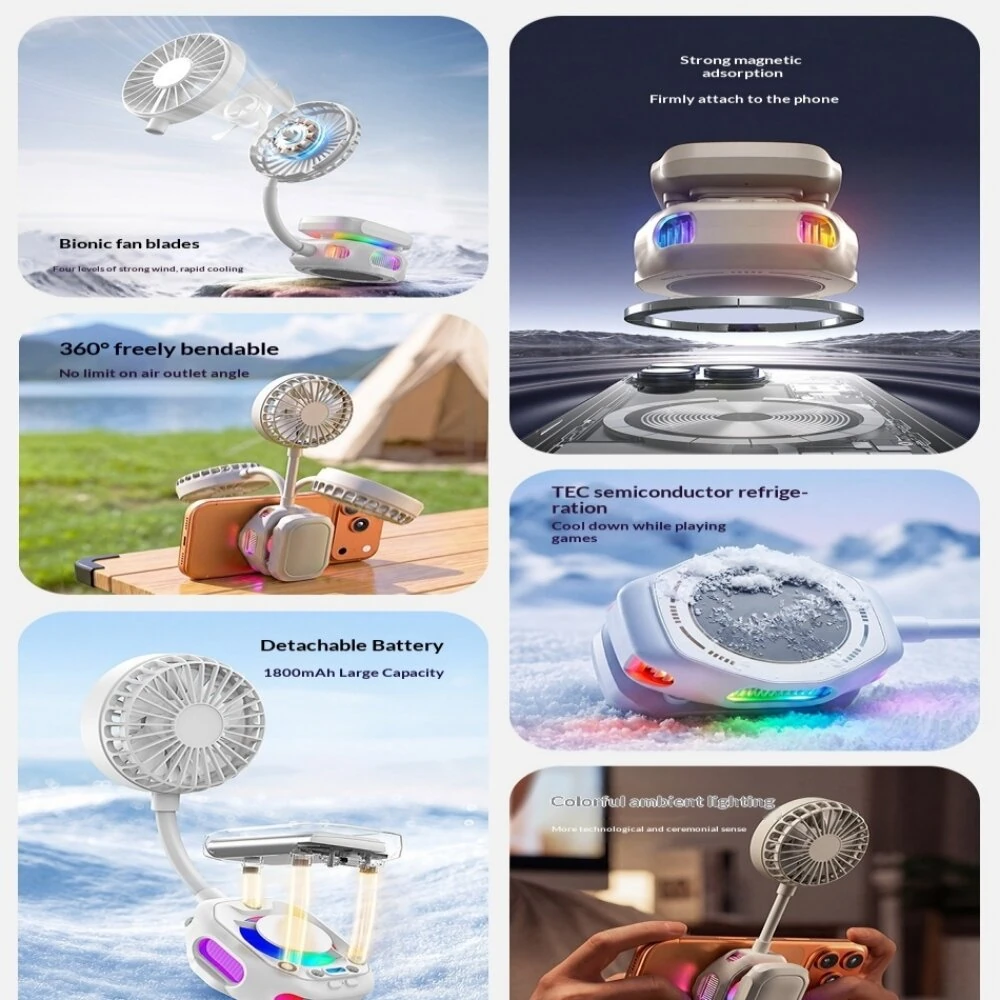 Tevorex 1800mAh Portable Mini Magnetic Phone Fan 4 Speeds Adjustable 360° Bendable TEC Cooling Plate High-Efficiency USB Rechargeable 2-In-1 Handheld Cooling Fan for Indoor Outdoor — view 6
