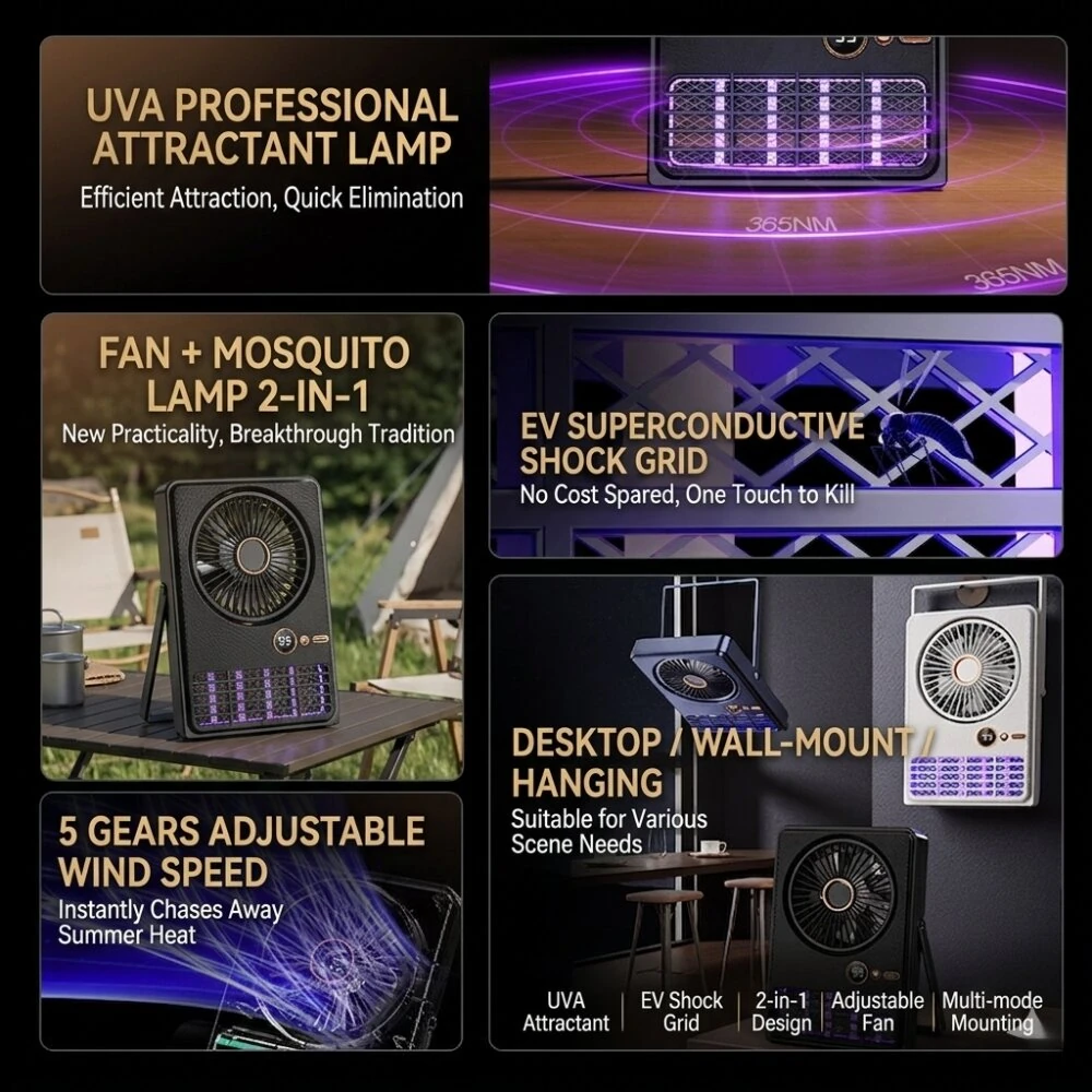 Tevorex 2-in-1 Portable Electric Mosquito Killer Fan Light 5 Speed Adjustable 2000V High Power EV Shock 3000mAh Large Battery Rechargeable Foldable Bug Zapper Lamp with LED Digital Display for Indoor Outdoor — view 4