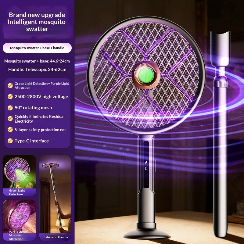Tevorex 2800V Electric Extendable Mosquito Swatter 90°Roating Mesh Green Light Detection High Voltage Grid USB Rechargeable Household Foldable Fly Swatter Mosquito Killer with LED Attract Light — view 2