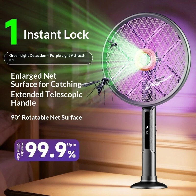Tevorex 2800V Electric Extendable Mosquito Swatter 90°Roating Mesh Green Light Detection High Voltage Grid USB Rechargeable Household Foldable Fly Swatter Mosquito Killer with LED Attract Light — view 3