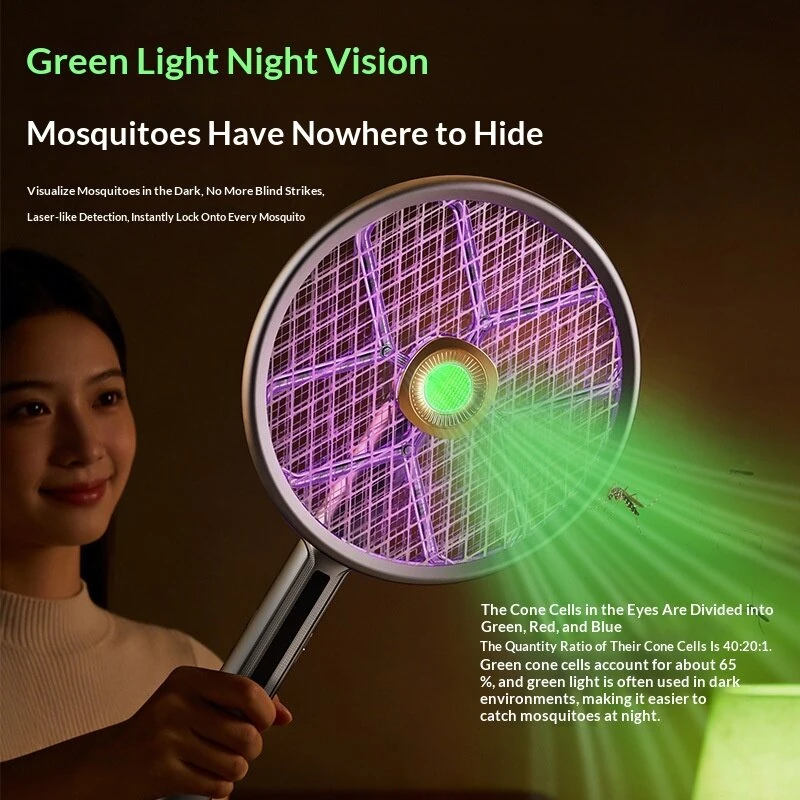 Tevorex 2800V Electric Extendable Mosquito Swatter 90°Roating Mesh Green Light Detection High Voltage Grid USB Rechargeable Household Foldable Fly Swatter Mosquito Killer with LED Attract Light — view 4