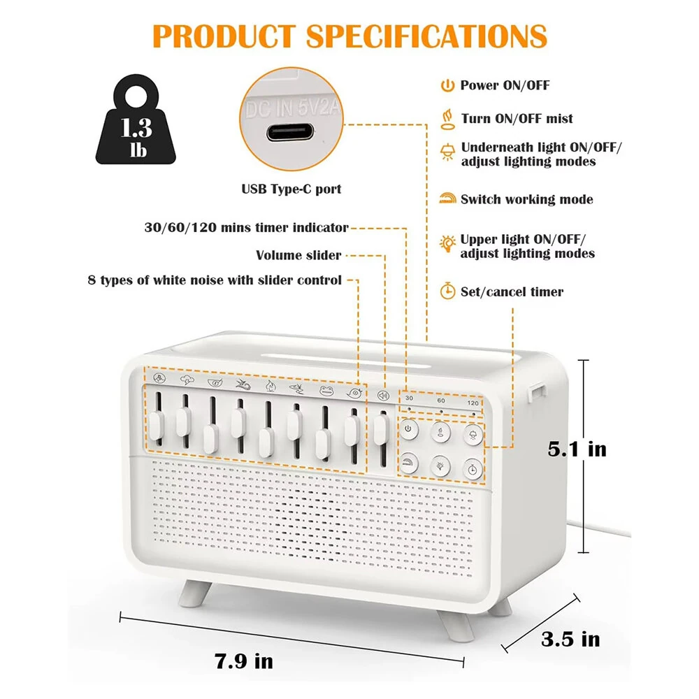 Tevorex 3 in 1Bluetooth White Noise Machine with Aroma Diffuser,Humidifier & Night Light 8 Natural Sounds,3-Level Dimming for Sleep Therapy — view 9