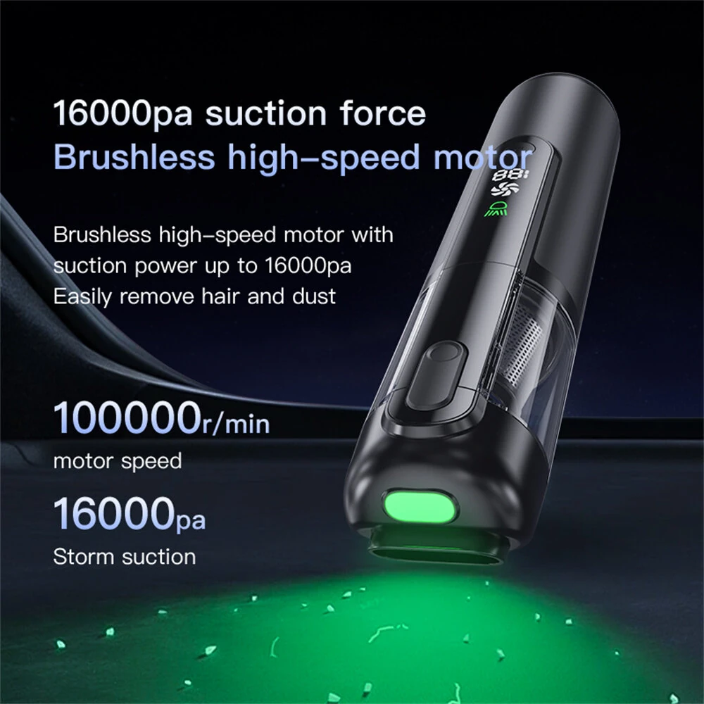 Tevorex Cordless Handheld Car Vacuum with Green Light,16000PA Suction,USB Rechargeable, Brushless Motor, Digital Display, Blow & Suction — view 3