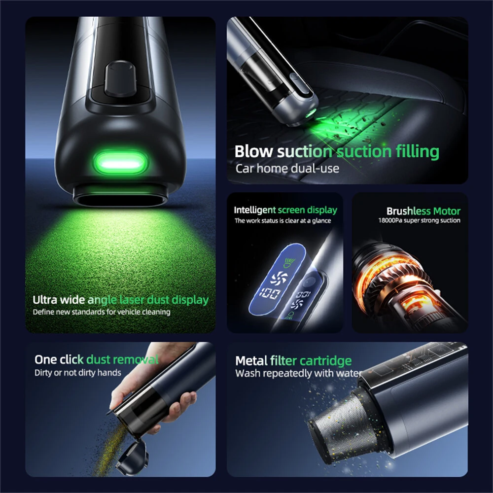 Tevorex Cordless Handheld Car Vacuum with Green Light,16000PA Suction,USB Rechargeable, Brushless Motor, Digital Display, Blow & Suction — view 5