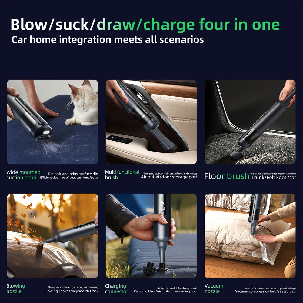 Tevorex Cordless Handheld Car Vacuum with Green Light,16000PA Suction,USB Rechargeable, Brushless Motor, Digital Display, Blow & Suction — view 6