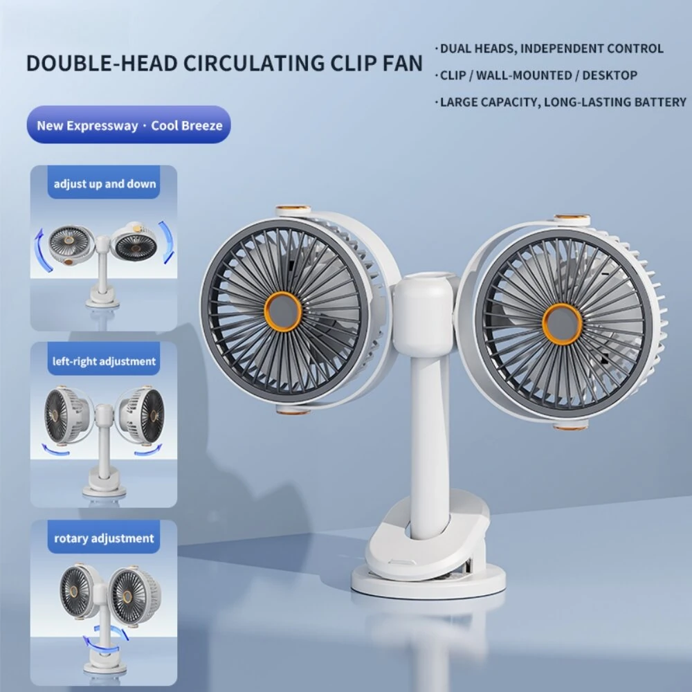 Tevorex Dual Head Clip Fan Adjustable Multi-Angle 5 Speed Wind Long Battery Life Wall-Mounted Mini USB Circulation Fan with Night Light for Home Outdoor — view 2