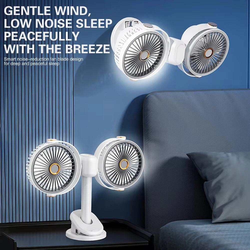 Tevorex Dual Head Clip Fan Adjustable Multi-Angle 5 Speed Wind Long Battery Life Wall-Mounted Mini USB Circulation Fan with Night Light for Home Outdoor — view 5