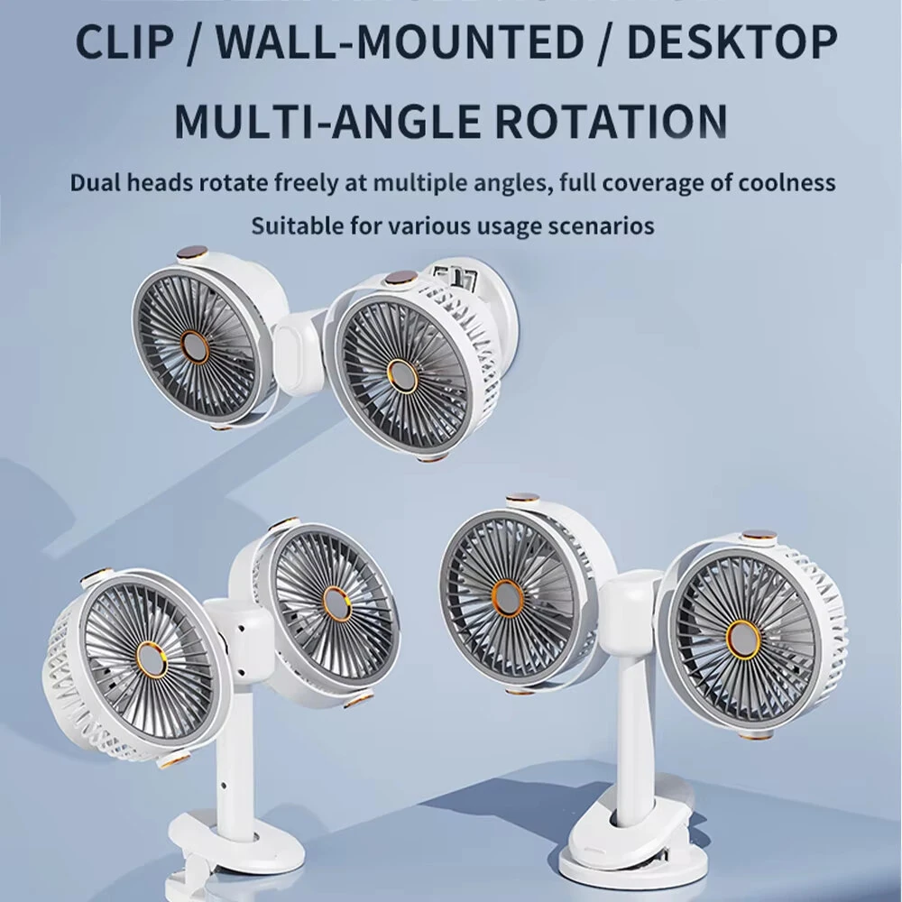 Tevorex Dual Head Clip Fan Adjustable Multi-Angle 5 Speed Wind Long Battery Life Wall-Mounted Mini USB Circulation Fan with Night Light for Home Outdoor — view 6