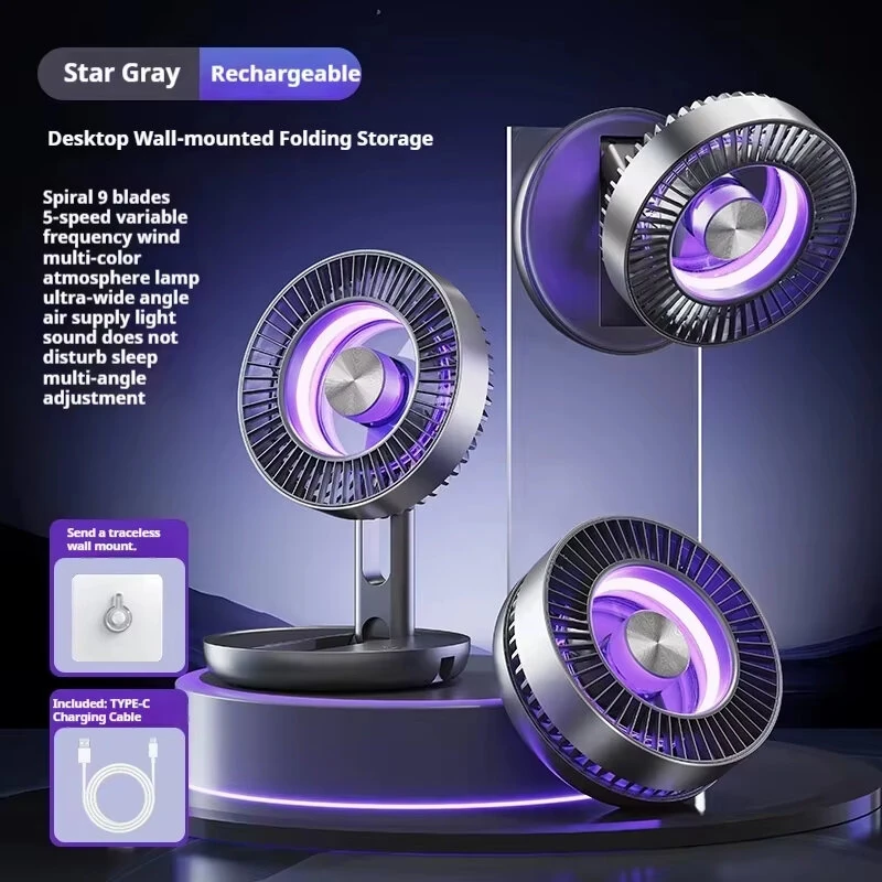Tevorex Foldable Air Circulation Fan USB Rechargeable 9 Blades 5 Speeds Quiet Desk Fan with LED Display for Home Office Bedroom — view 6