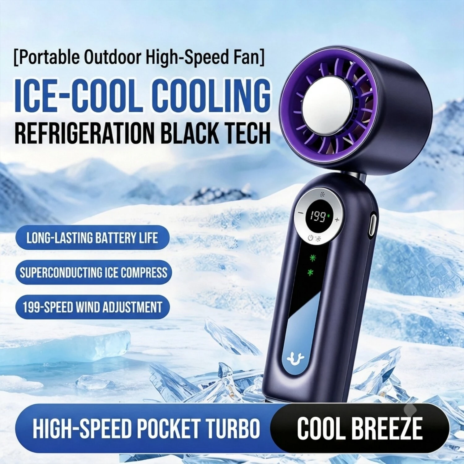 Tevorex JF163 Portable Handheld Cooling Fan 199 Speeds Adjustable 4000mAh Battery High Efficiency Long Battery Rechargeable Foldable Mini Fan with Digital Display for Home Office — view 2