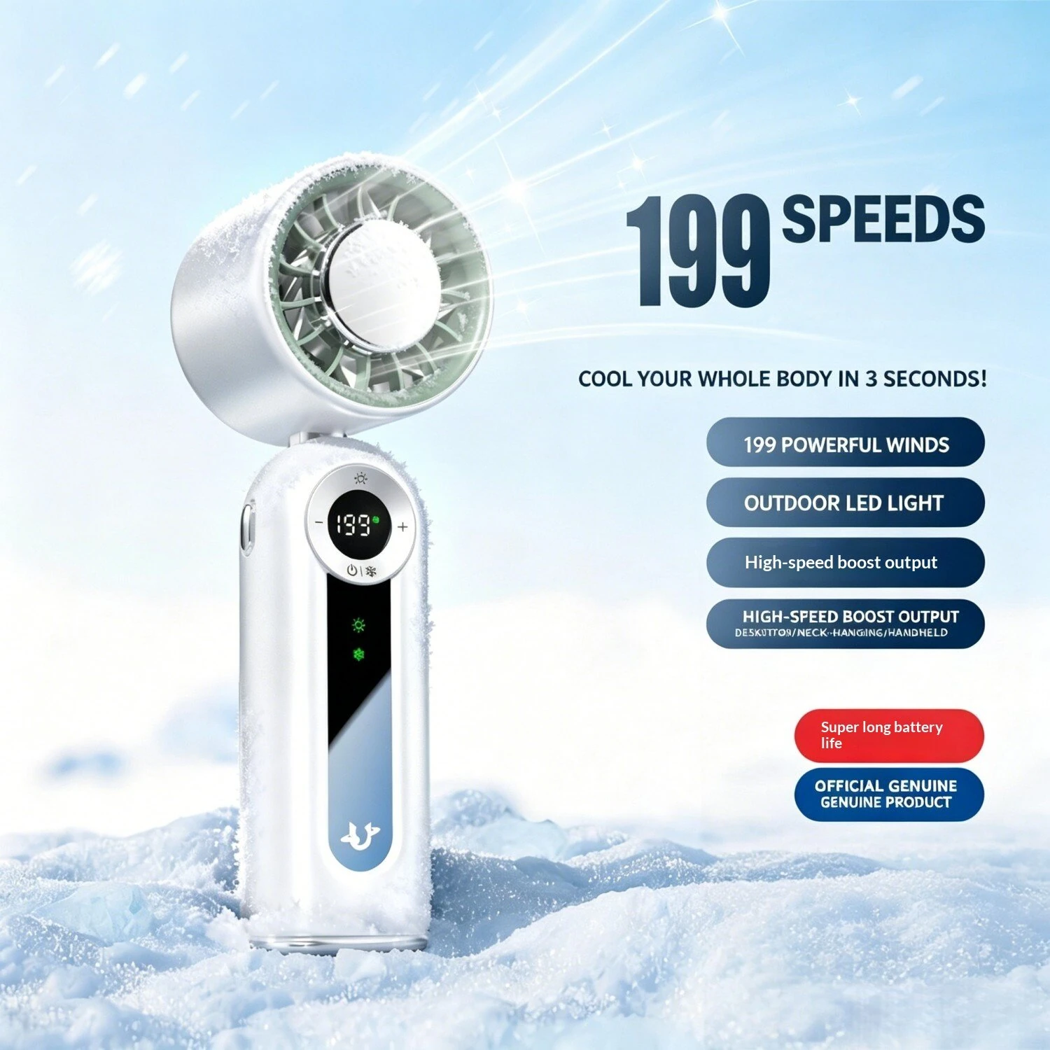 Tevorex JF163 Portable Handheld Cooling Fan 199 Speeds Adjustable 4000mAh Battery High Efficiency Long Battery Rechargeable Foldable Mini Fan with Digital Display for Home Office — view 3