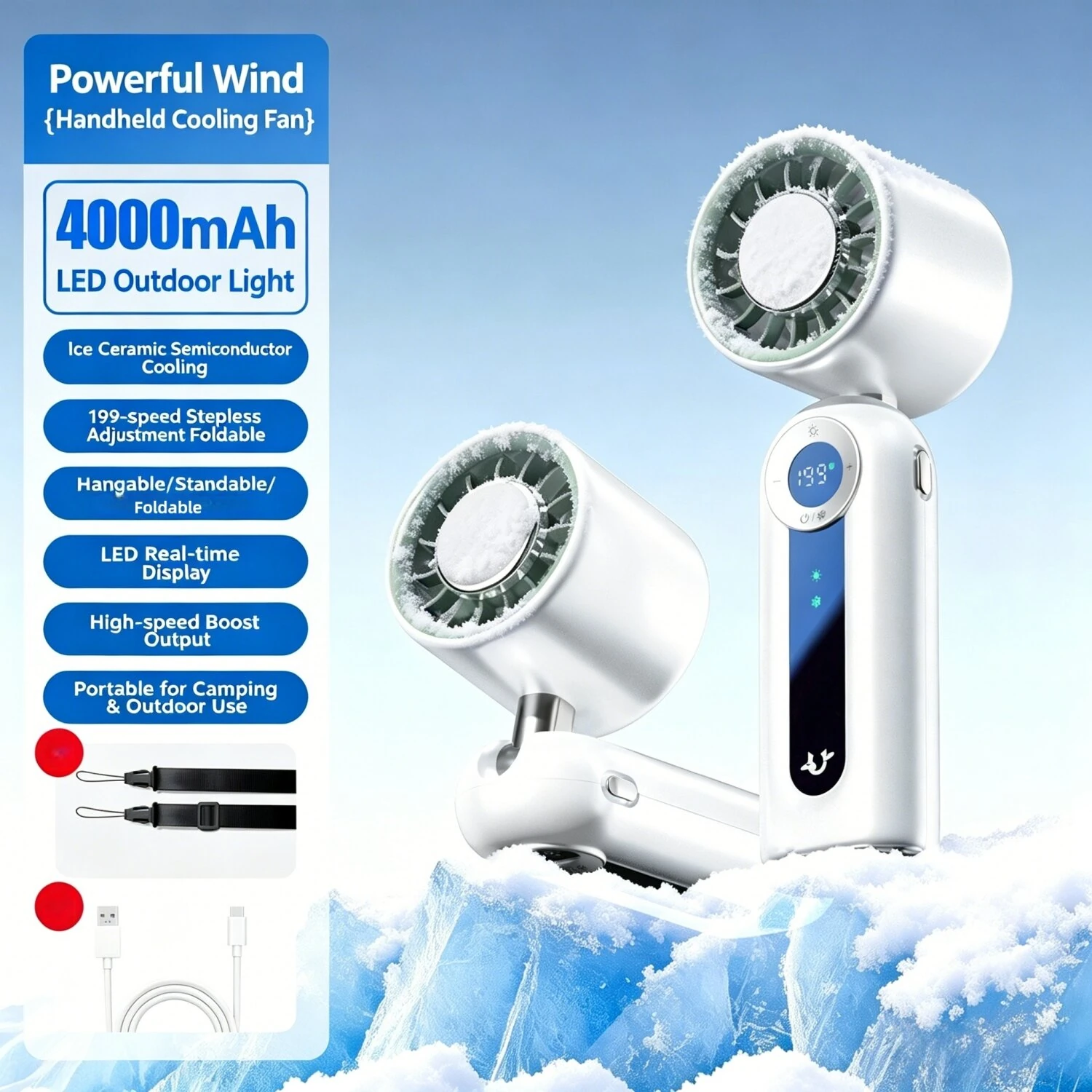 Tevorex JF163 Portable Handheld Cooling Fan 199 Speeds Adjustable 4000mAh Battery High Efficiency Long Battery Rechargeable Foldable Mini Fan with Digital Display for Home Office — view 6