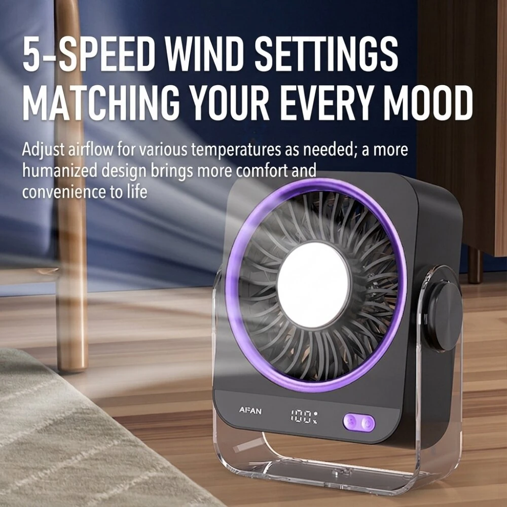 Tevorex K818 Portable Desktop Fan 5 Gears Wind 360° Circulation Adjustable Ultra Quiet Operation Long Battery Rechargeable Ice Cooling Fan with Digital for Home Office — view 5