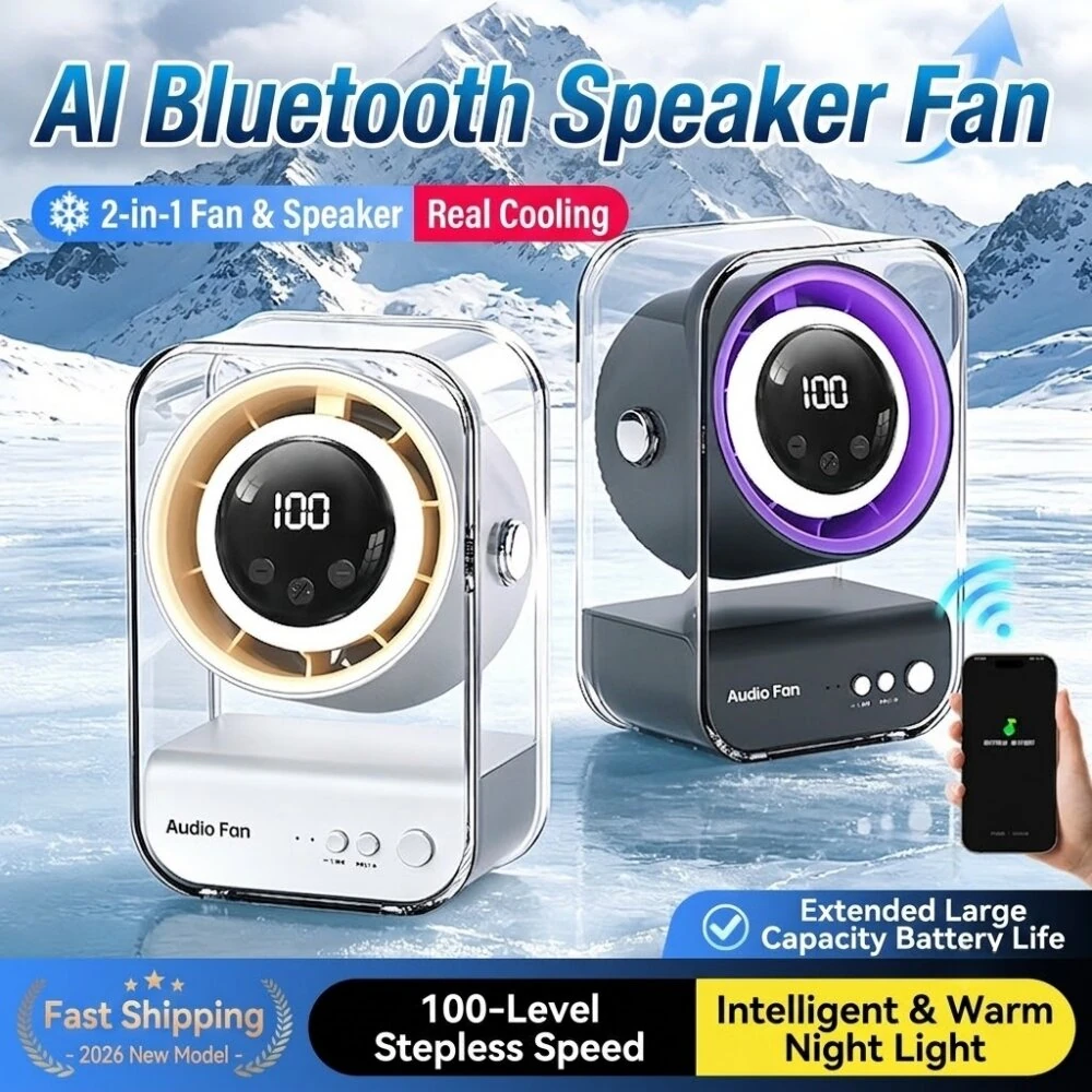 Tevorex Mini Portable Fan with Bluetooth Speaker USB Rechargeable 100 Speed Levels Quiet Operation LED Display for Home Office Travel — view 2