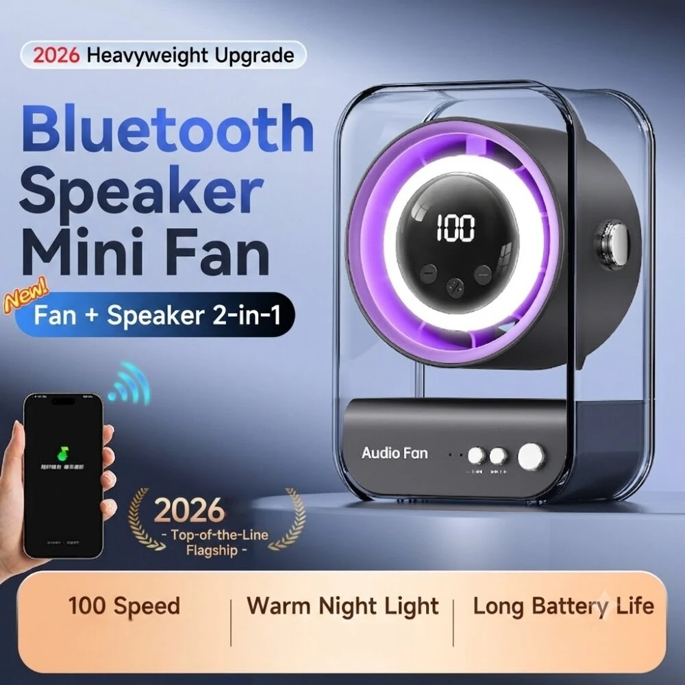 Tevorex Mini Portable Fan with Bluetooth Speaker USB Rechargeable 100 Speed Levels Quiet Operation LED Display for Home Office Travel — view 4