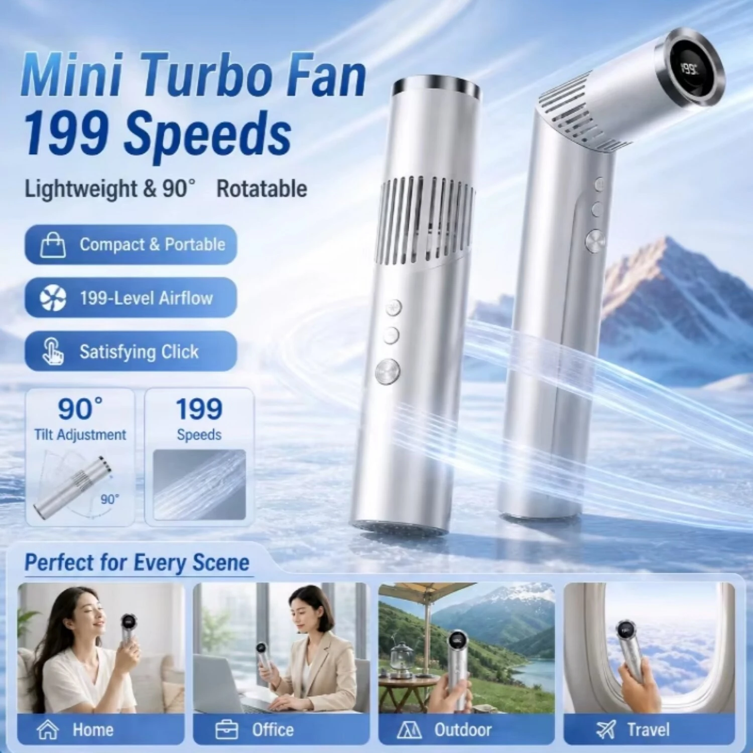 Tevorex Mini Portable Handheld Fan 3000mAh Rechargeable 199 Speeds Adjustable 20000RPM High Speed 90° Rotation LED Display Type C Fast Charging for Home Office Travel — view 2