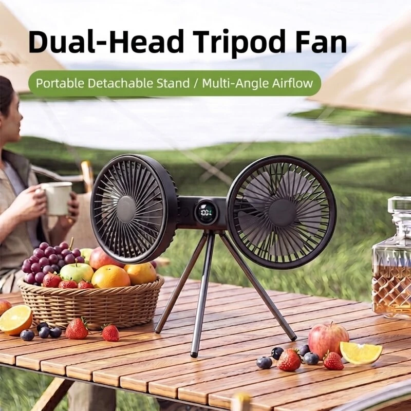 Tevorex Portable Dual-Head Tripod Fan 3 Speeds Wind 360° Stand Adjustable 3600mAh Long Battery Quiet Operation Rechargeable Cooling Fan with LED Display for Home Outdoor Camping — view 4