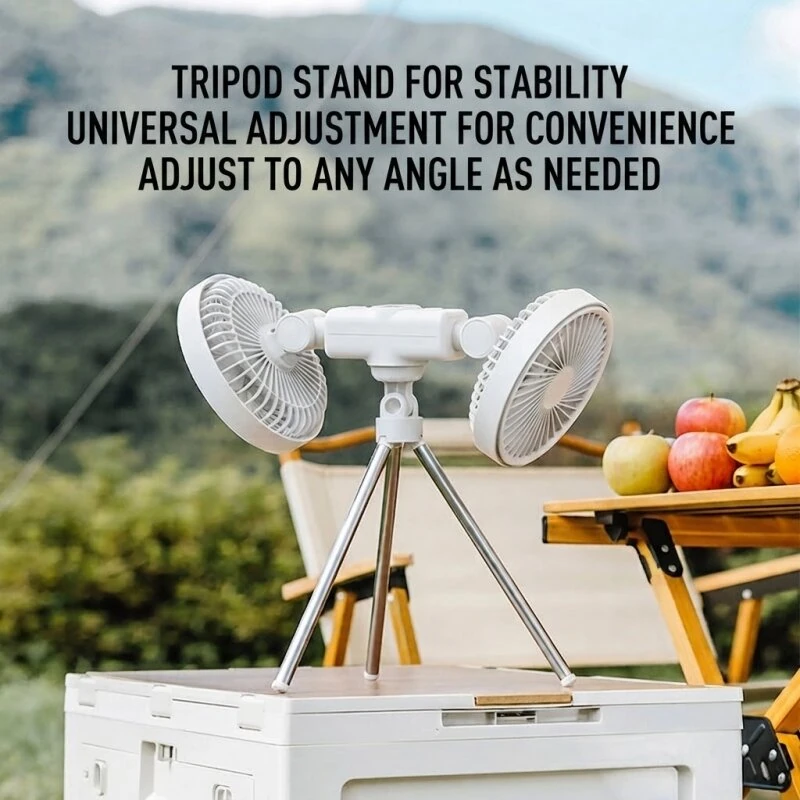 Tevorex Portable Dual-Head Tripod Fan 3 Speeds Wind 360° Stand Adjustable 3600mAh Long Battery Quiet Operation Rechargeable Cooling Fan with LED Display for Home Outdoor Camping — view 5