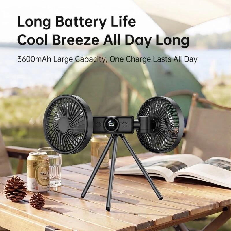 Tevorex Portable Dual-Head Tripod Fan 3 Speeds Wind 360° Stand Adjustable 3600mAh Long Battery Quiet Operation Rechargeable Cooling Fan with LED Display for Home Outdoor Camping — view 6