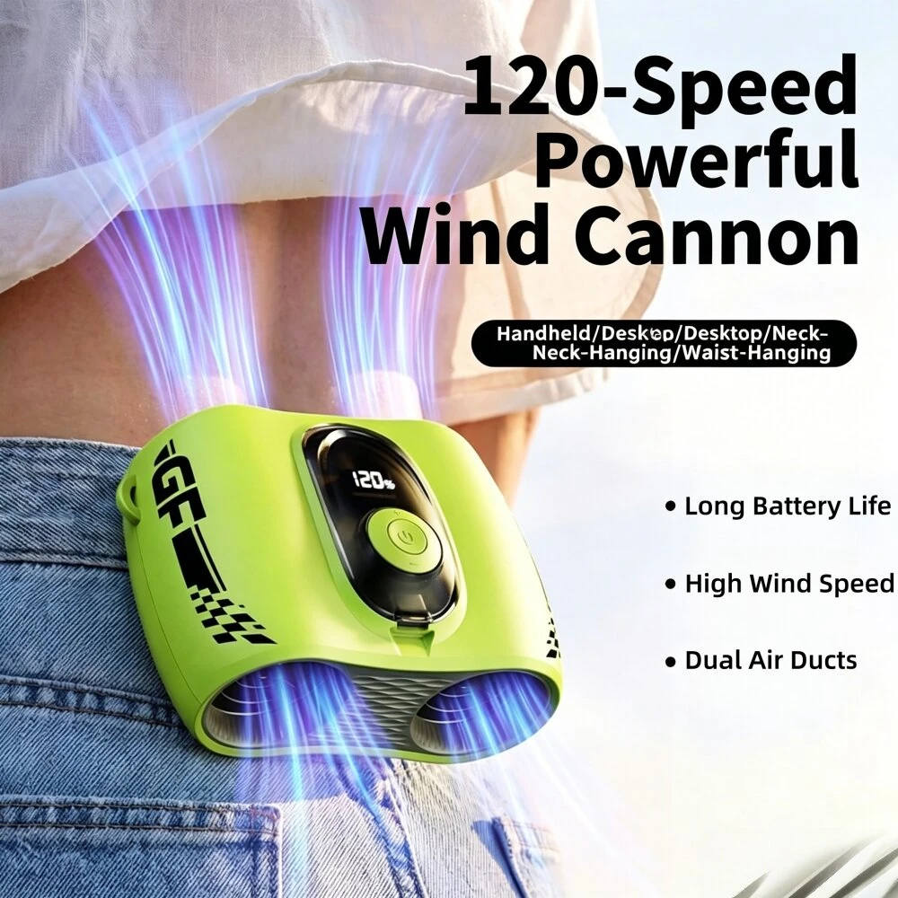 Tevorex Portable Dual-Head Waist-Mounted Cooling Fan 18000rpm 120 Speeds Adjustable 360° Circulation 5200mAh Long Battery Rechargeable Cooler Fan with LED Digital Display for Outdoor Camping — view 2