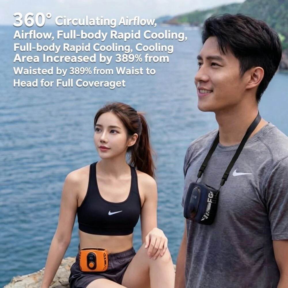 Tevorex Portable Dual-Head Waist-Mounted Cooling Fan 18000rpm 120 Speeds Adjustable 360° Circulation 5200mAh Long Battery Rechargeable Cooler Fan with LED Digital Display for Outdoor Camping — view 3