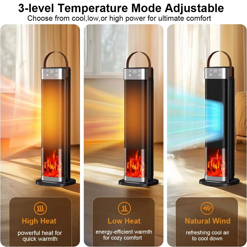 Tevorex Portable Flame Space Heater 2000W Electric Heater with Remote Control 12H Timer PTC Ceramic Heating Safety Heat for Home Bedroom — view 3