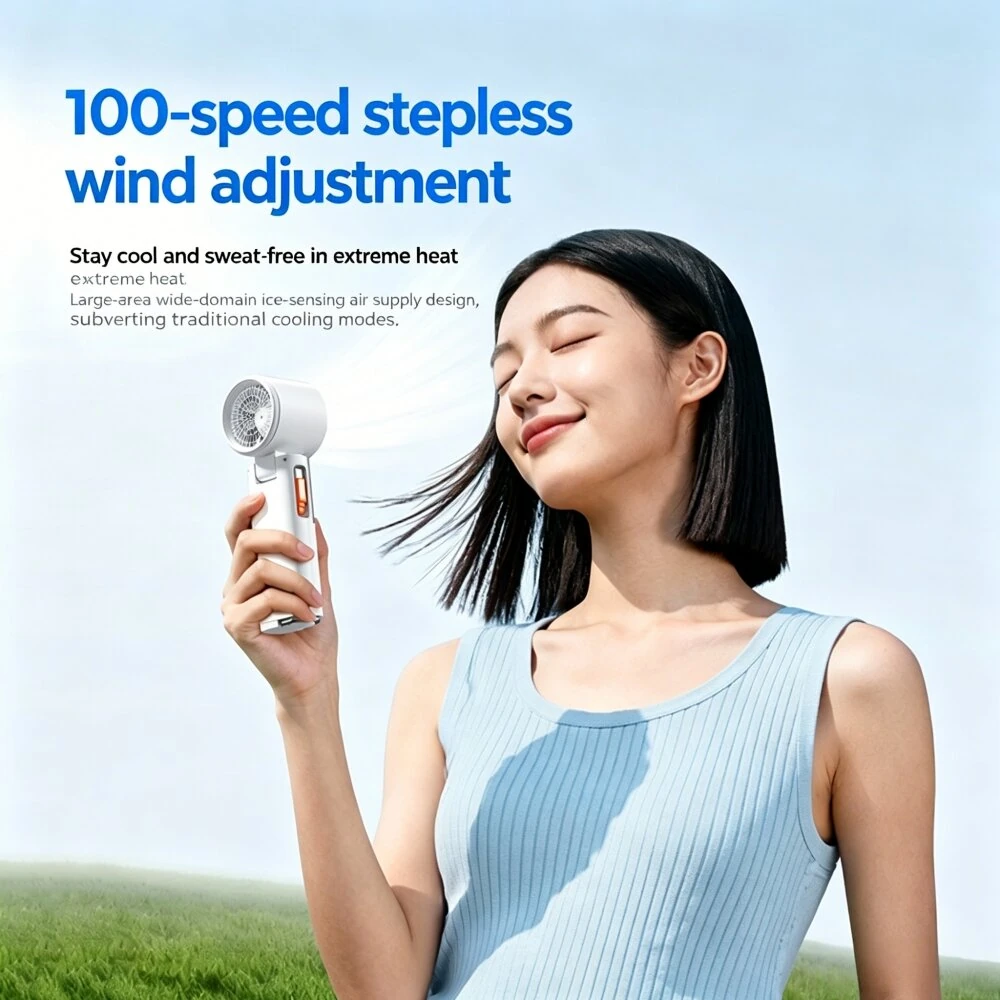 Tevorex Portable Handheld Ice Cooling Fan 100 Levels Wind Adjustable Type-C Charging Neck-Mounted Foldable Mini Fan with LED Digital Display for Indoor Outdoor — view 3