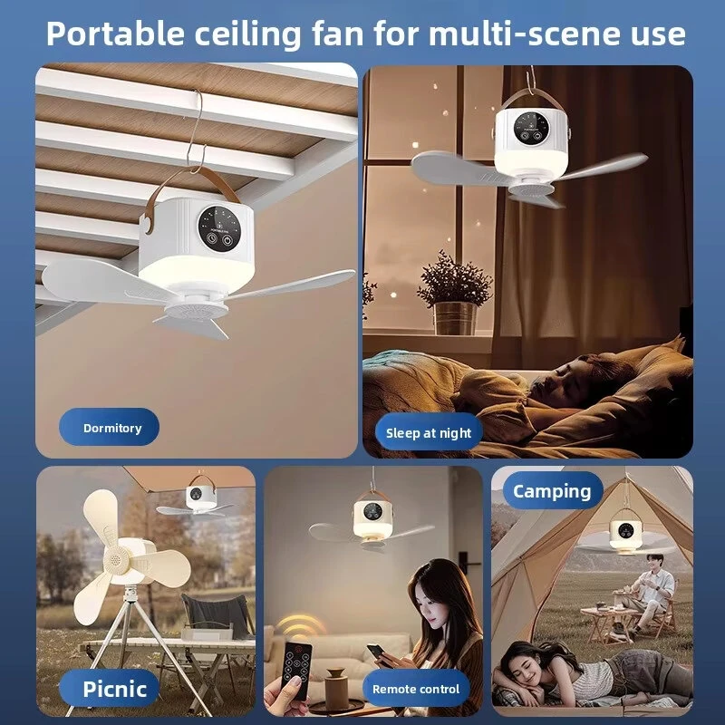 Tevorex Portable Rechargeable Ceiling Fan Light 7200mAh Battery 4 Speeds 3 Color LED Lighting Timer Low Noise 2 in 1 Fan Lamp with Remote Control for Home Office Dorm — view 7