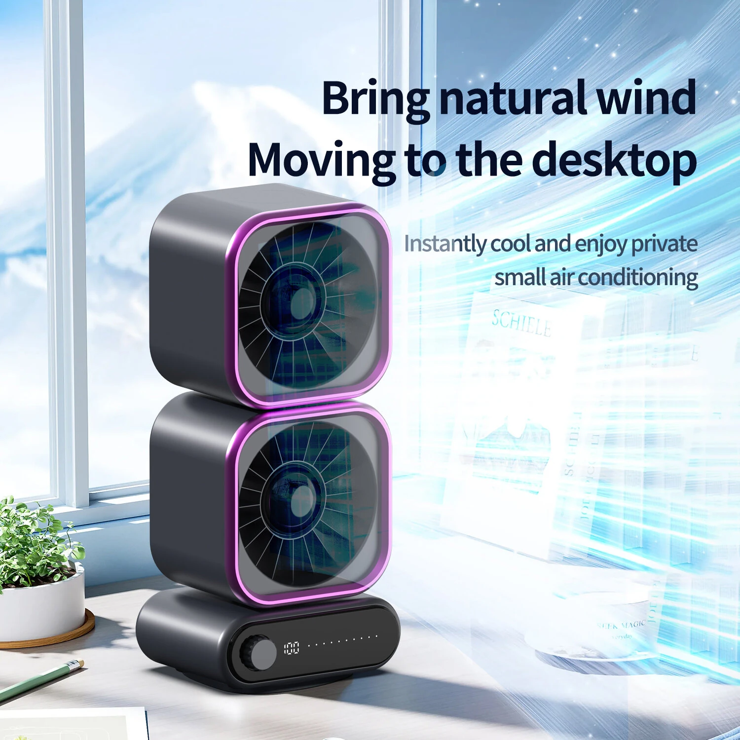 Tevorex Portable Rechargeable Dual Head Desktop Fan 360° Rotational Airflow Speed Adjustable Mini Silent Electric Fan for Home and Office — view 3