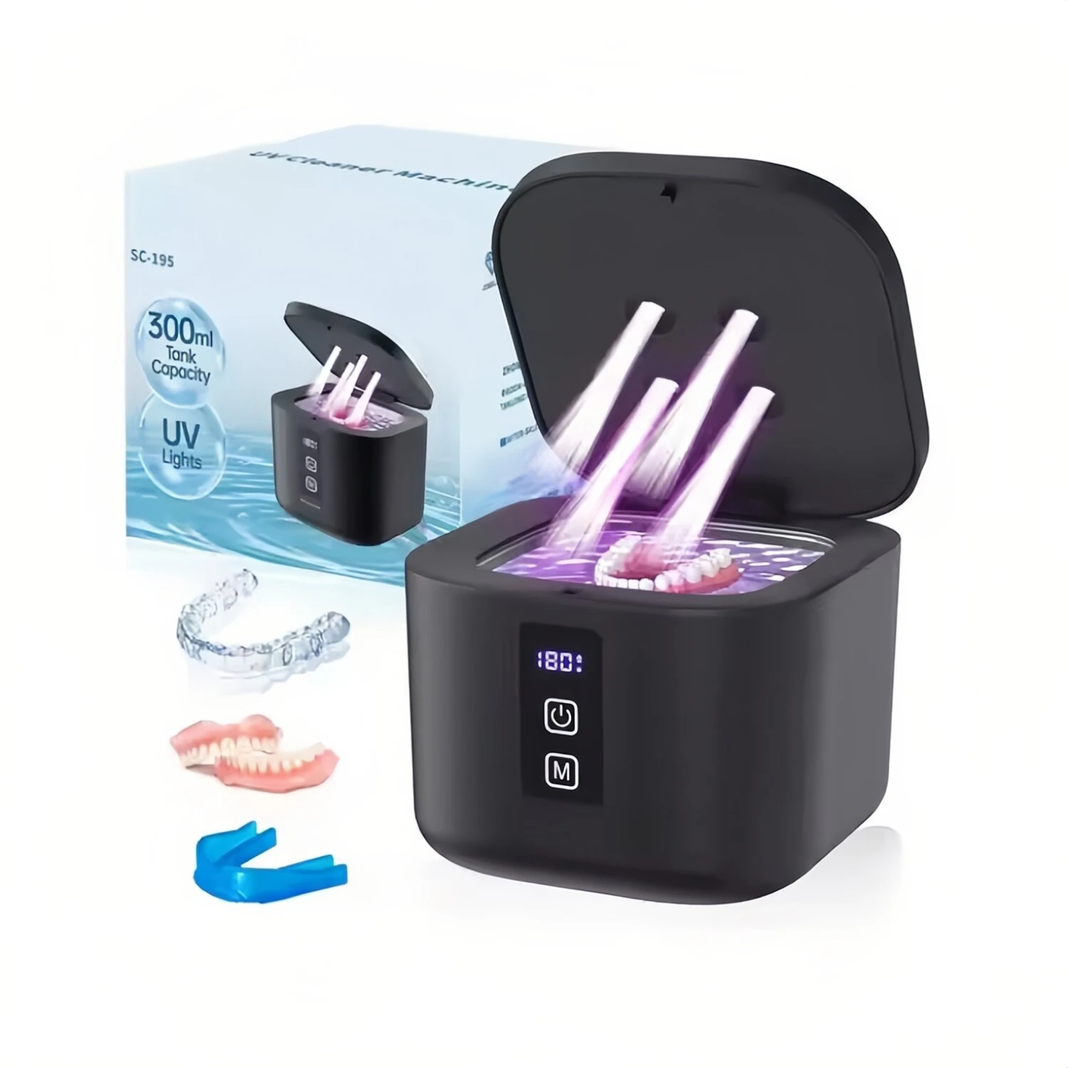 Tevorex Portable Ultrasonic UV Denture Cleaner 300ml Large Tank 3 Timer Setting High Frequency Quiet Operation Dental Ultrasonic Cleaning Machine with Digital Display for Braces Jewelry — image 1