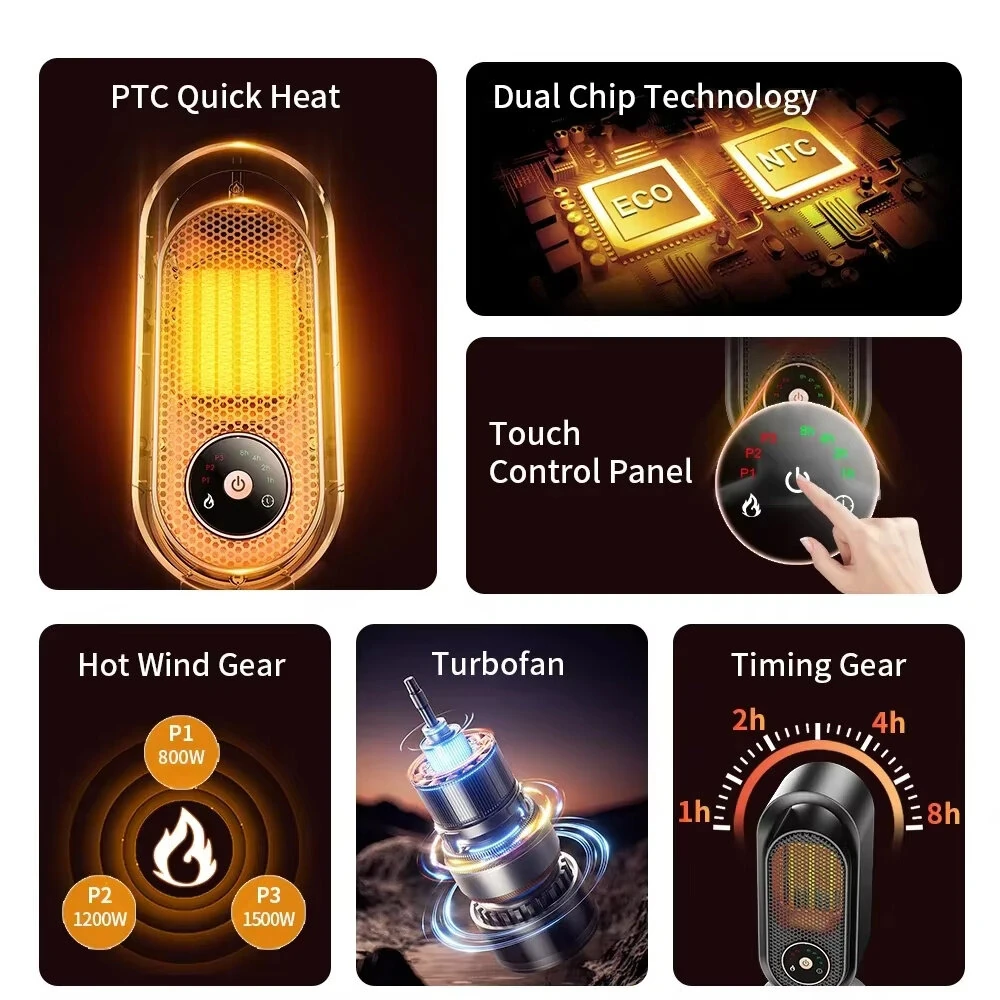 Tevorex PTC Fast Heating Desktop Heater 1500W Touch Control Energy-Saving Space Heater for Home & Office — view 7
