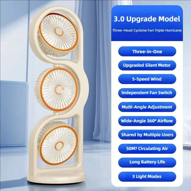Tevorex Three Head Desktop Portable Fan 360°Rotation Oscillation Multi-Angle Adjustment USB Rechargeable Cooling Efficiency Silent Fan for Home Office — view 3