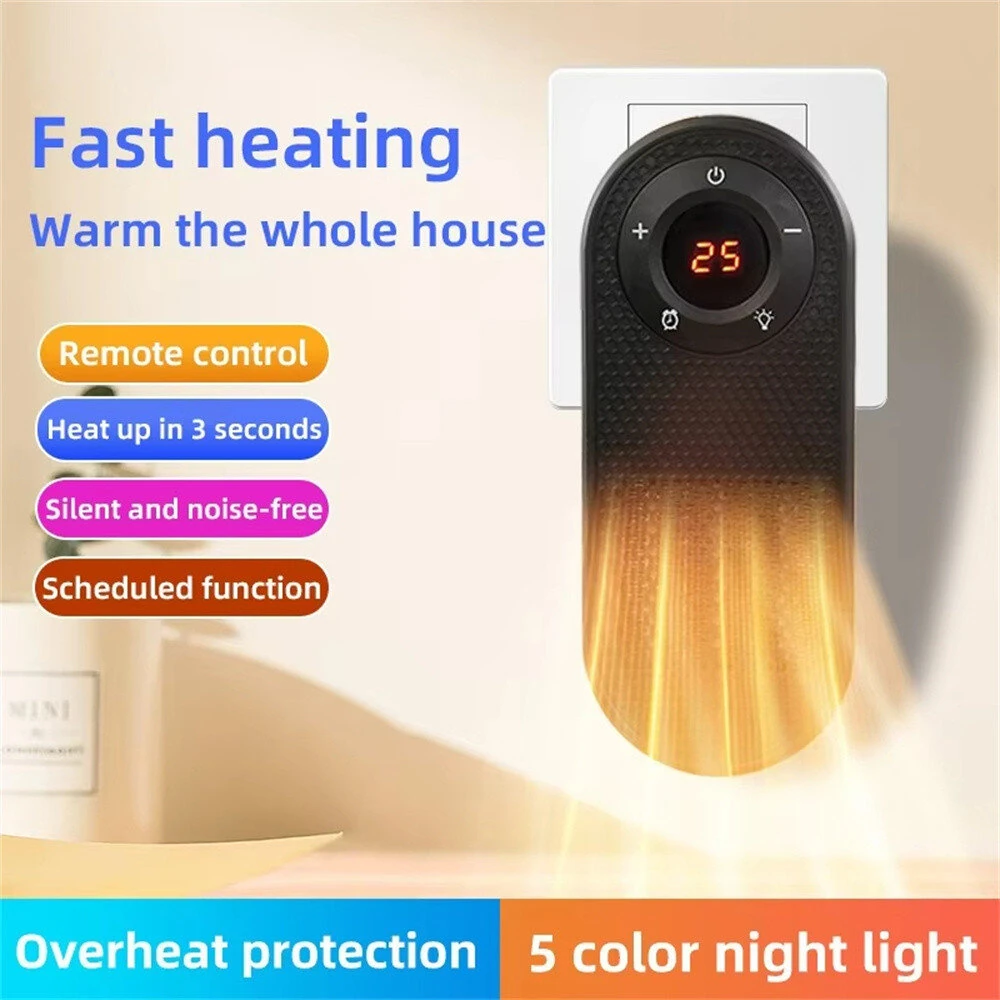 Tevorex Wall-Mounted Desktop Heater with 5-Color Night Light, Fast Heating & LCD Display, 2 Gears Adjustment Timer Heater for Home Office — view 2