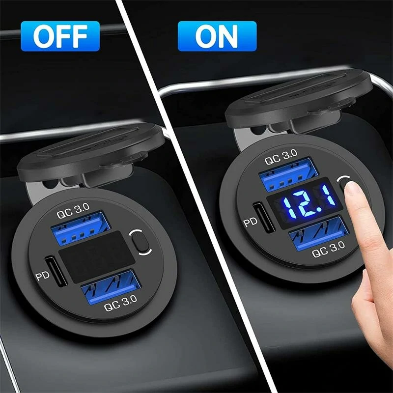 Three Port 12V/24V USB Charger Socket Dual 18W QC 3.0 & 20W PD USB-C For Car Motorcycle With Voltmeter Power Switch — view 2