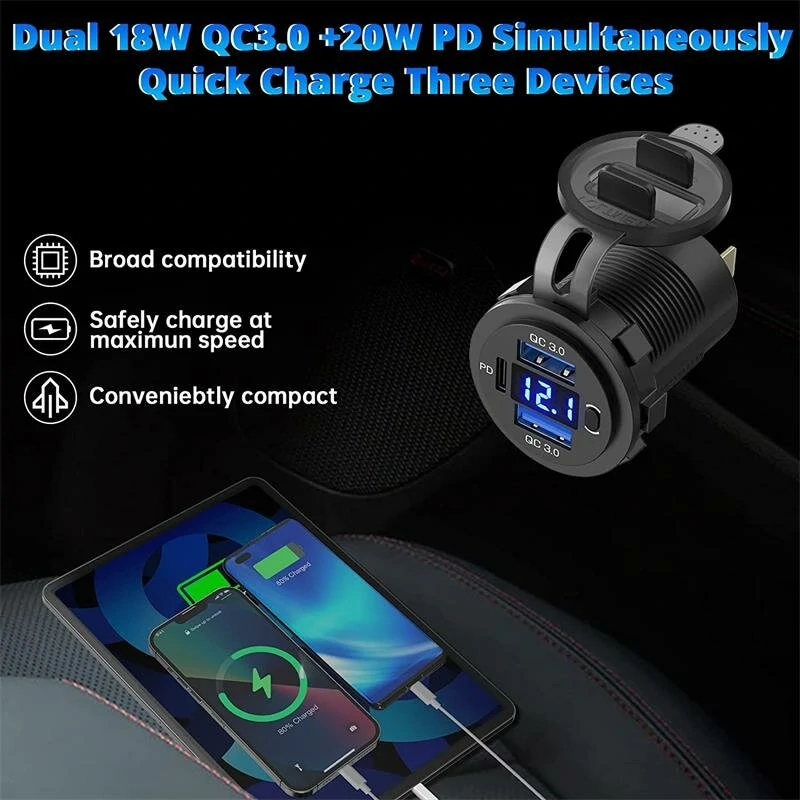 Three Port 12V/24V USB Charger Socket Dual 18W QC 3.0 & 20W PD USB-C For Car Motorcycle With Voltmeter Power Switch — view 4