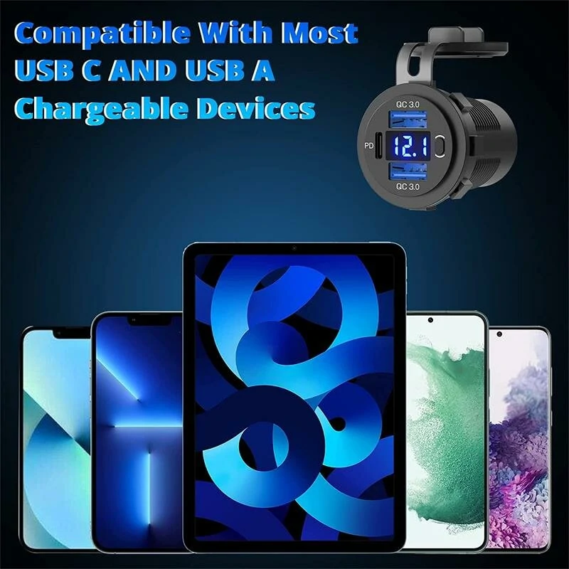 Three Port 12V/24V USB Charger Socket Dual 18W QC 3.0 & 20W PD USB-C For Car Motorcycle With Voltmeter Power Switch — view 5