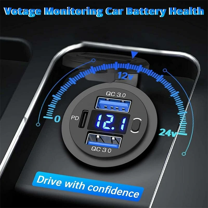Three Port 12V/24V USB Charger Socket Dual 18W QC 3.0 & 20W PD USB-C For Car Motorcycle With Voltmeter Power Switch — view 6