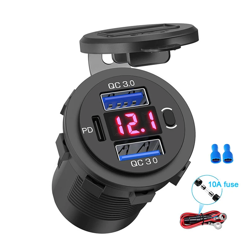 Three Port 12V/24V USB Charger Socket Dual 18W QC 3.0 & 20W PD USB-C For Car Motorcycle With Voltmeter Power Switch — view 7