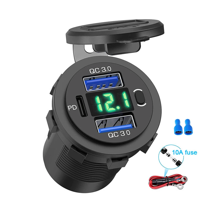 Three Port 12V/24V USB Charger Socket Dual 18W QC 3.0 & 20W PD USB-C For Car Motorcycle With Voltmeter Power Switch — view 8