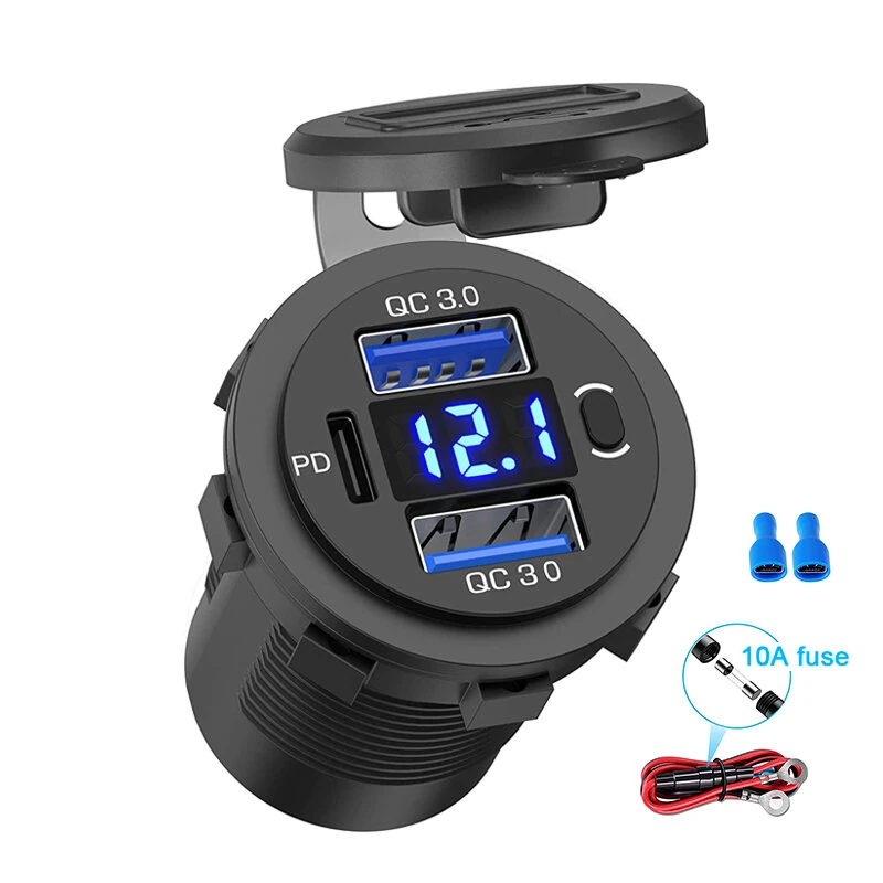 Three Port 12V/24V USB Charger Socket Dual 18W QC 3.0 & 20W PD USB-C For Car Motorcycle With Voltmeter Power Switch — view 9