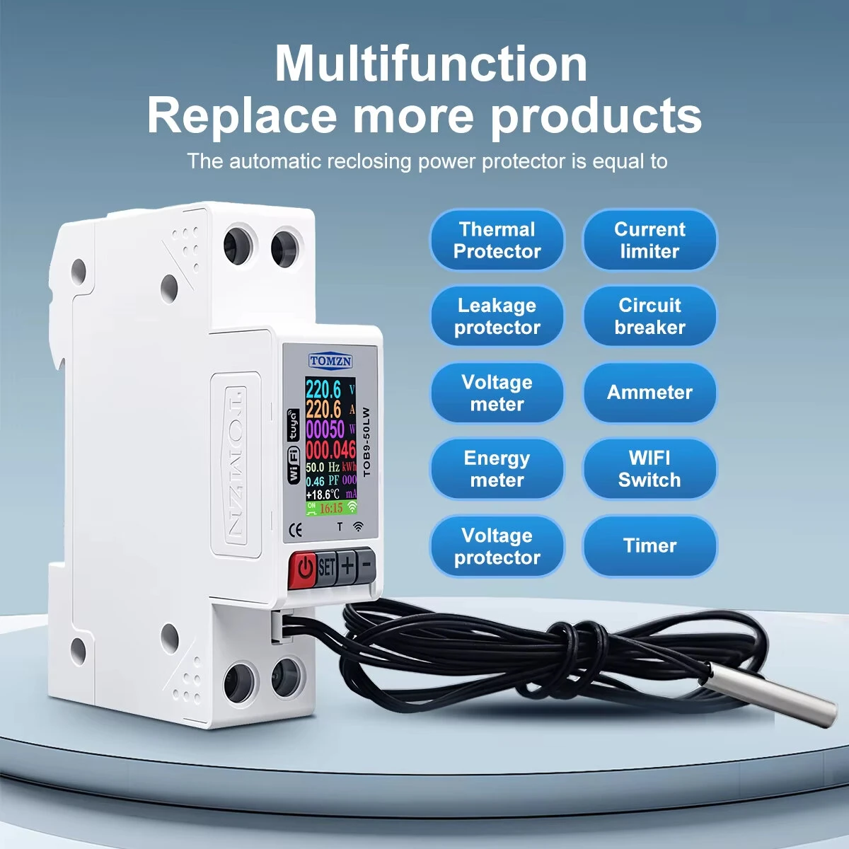 TOMZN 23mm AC110V 230V 50A WIFI Smart Circuit Breaker TUYA Voltage Current Temp Measurement Protector Over Current Threshold — view 3