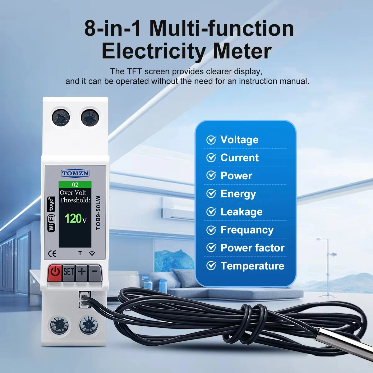TOMZN 23mm AC110V 230V 50A WIFI Smart Circuit Breaker TUYA Voltage Current Temp Measurement Protector Over Current Threshold — view 4