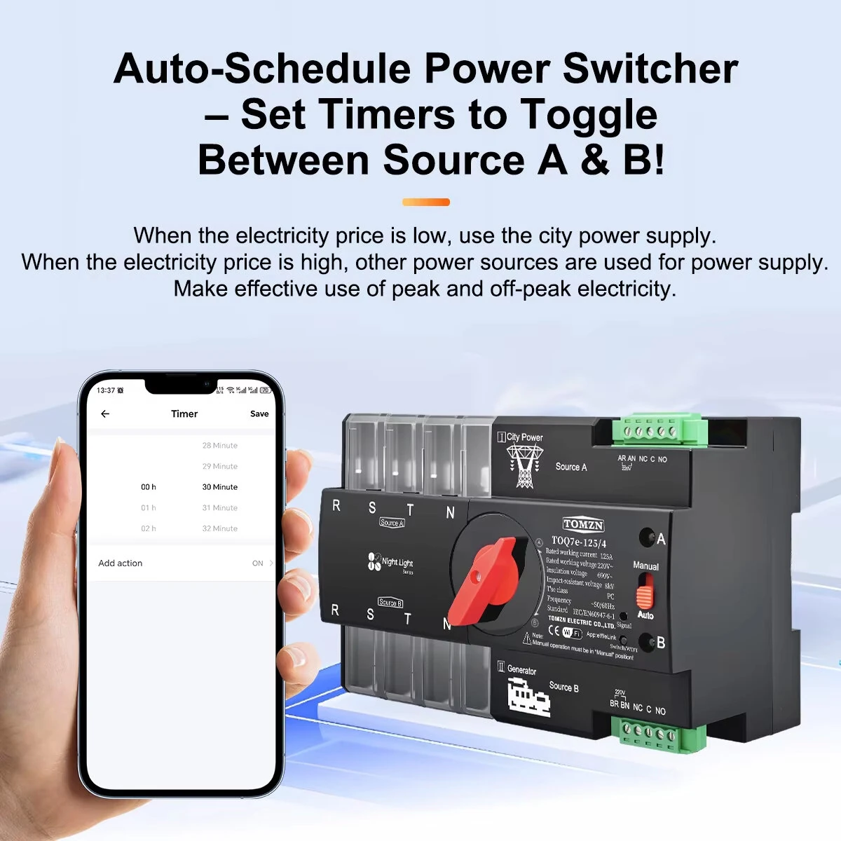 TOMZN eWelink WIFI Smart ATS 2P Timer 230V Dual Power Automatic Transfer Switch Uninterrupted Remote Control 63A 100A 125A — view 4