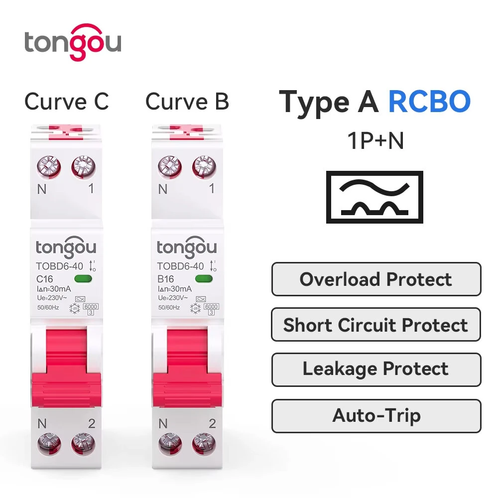 Tongou 16A/40A RCBO Residual Current Circuit Breaker 1P+N Type-B/C Curve 30mA Leakage Overload Protection Short Circuit Protection — view 2