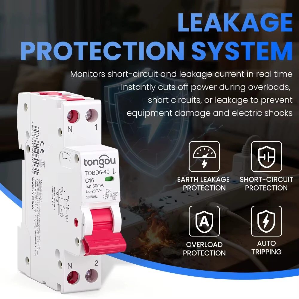 Tongou 16A/40A RCBO Residual Current Circuit Breaker 1P+N Type-B/C Curve 30mA Leakage Overload Protection Short Circuit Protection — view 3