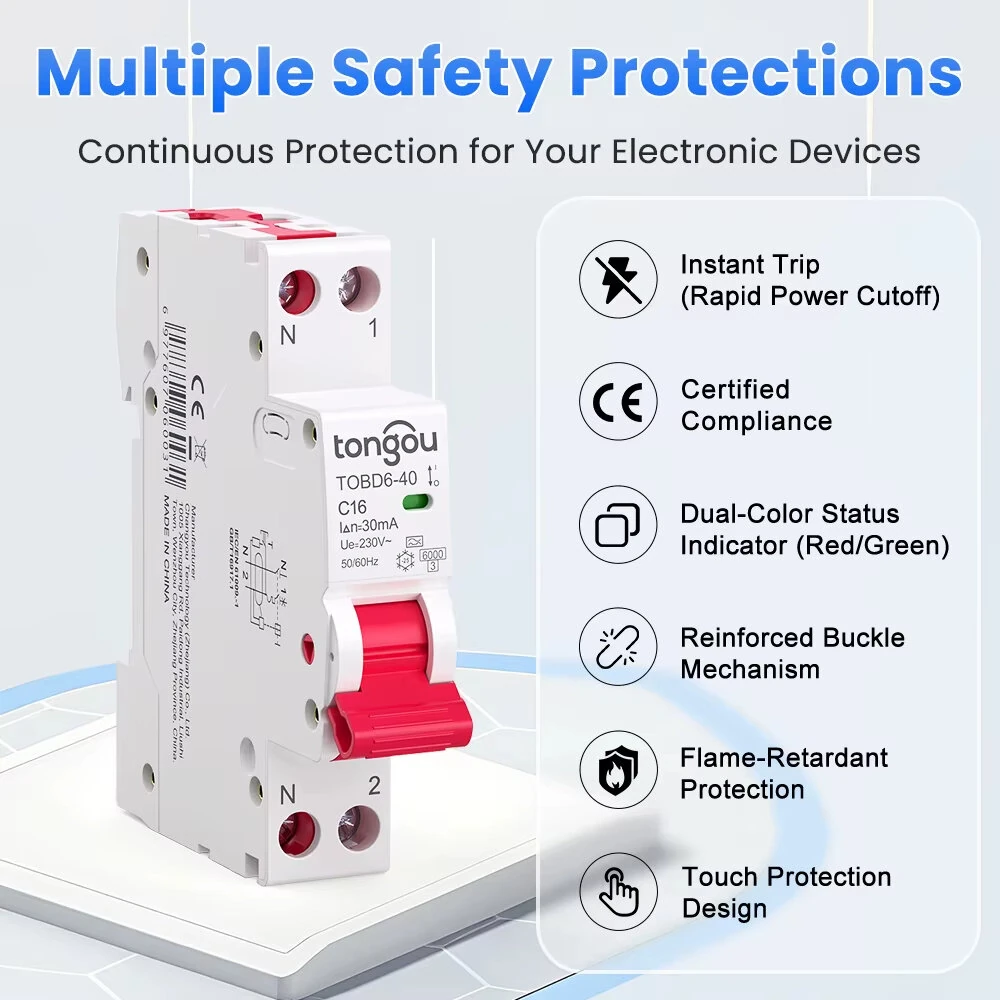 Tongou 16A/40A RCBO Residual Current Circuit Breaker 1P+N Type-B/C Curve 30mA Leakage Overload Protection Short Circuit Protection — view 6