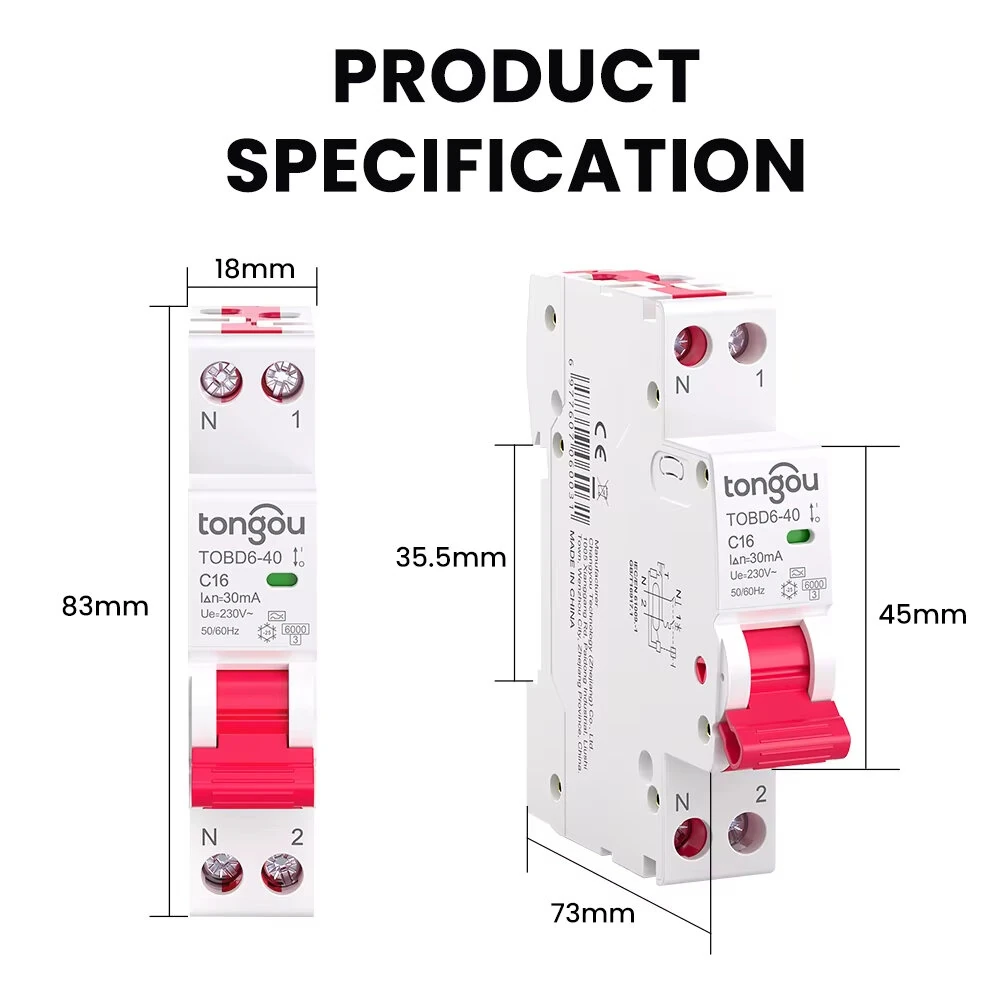 Tongou 16A/40A RCBO Residual Current Circuit Breaker 1P+N Type-B/C Curve 30mA Leakage Overload Protection Short Circuit Protection — view 7