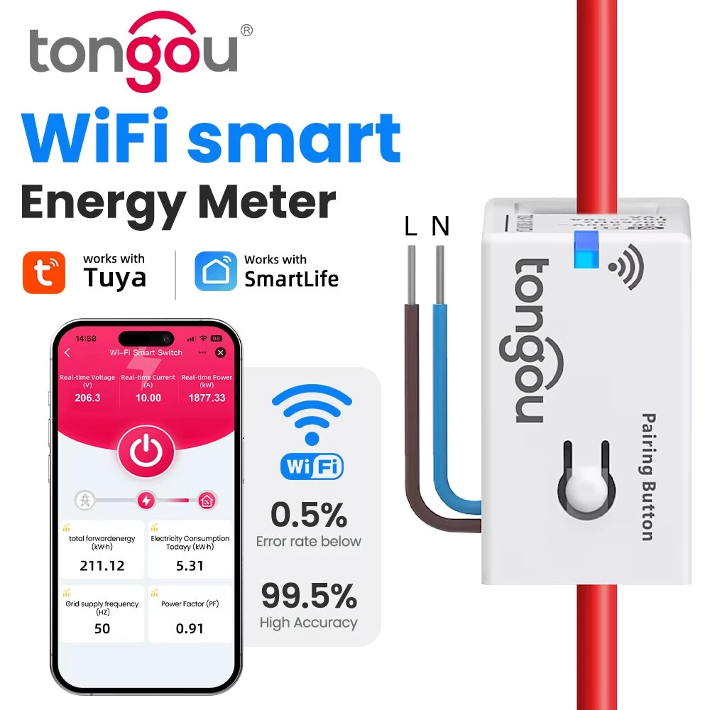 TONGOU Tuya Smart WiFi Energy Meter 1-50A Electric Sensor Real-Time Current Voltage Power Consumption Monitoring Home Assistant Control — view 2